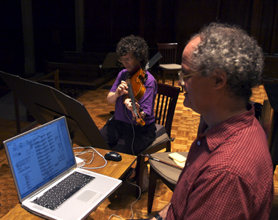 Tom Flaherty on Laptop and Cindy Fogg on Viola